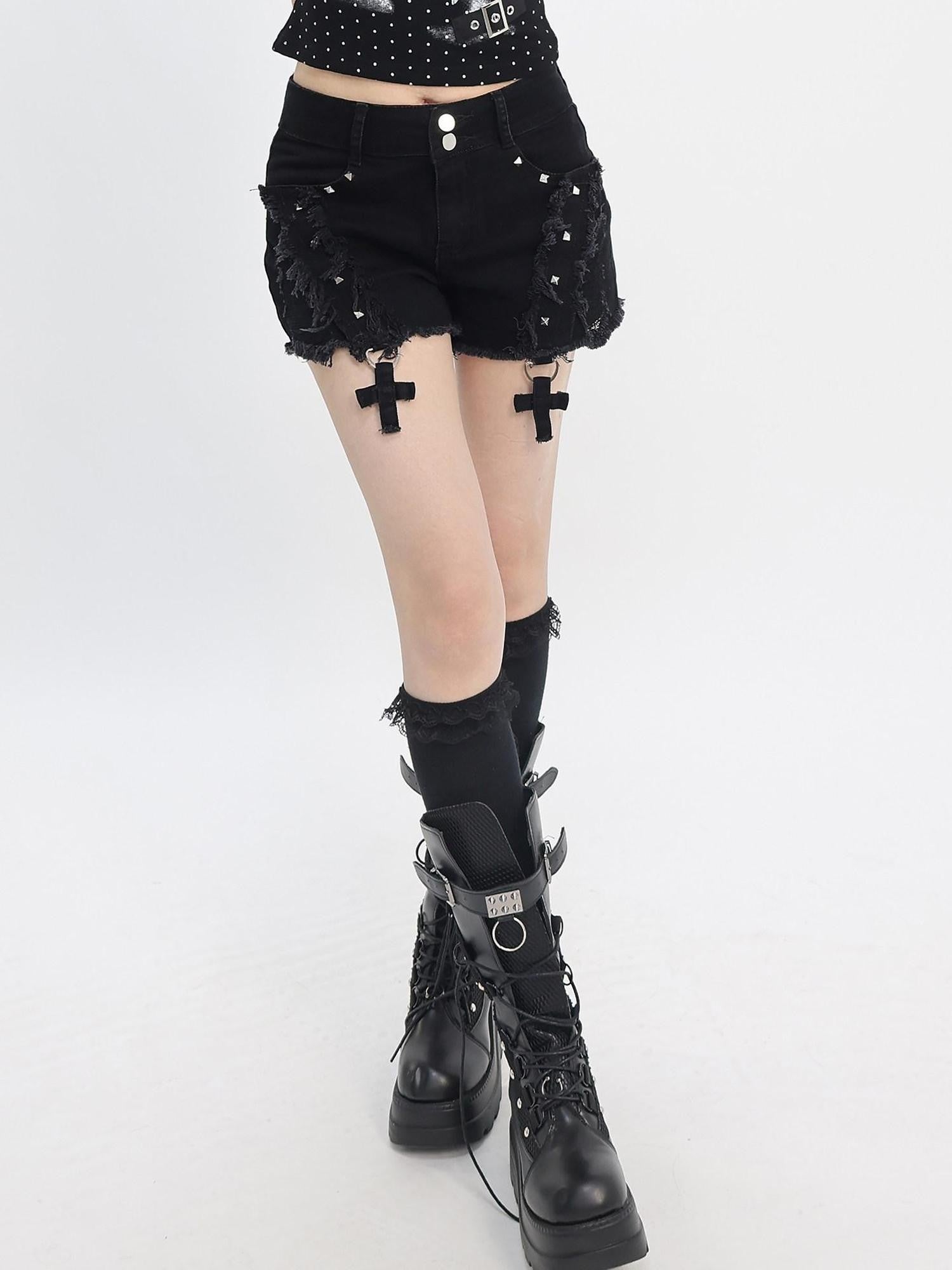 catwish Distressed Cross Stud Low Rise Slim Fit Women's Cotton Denim Shorts