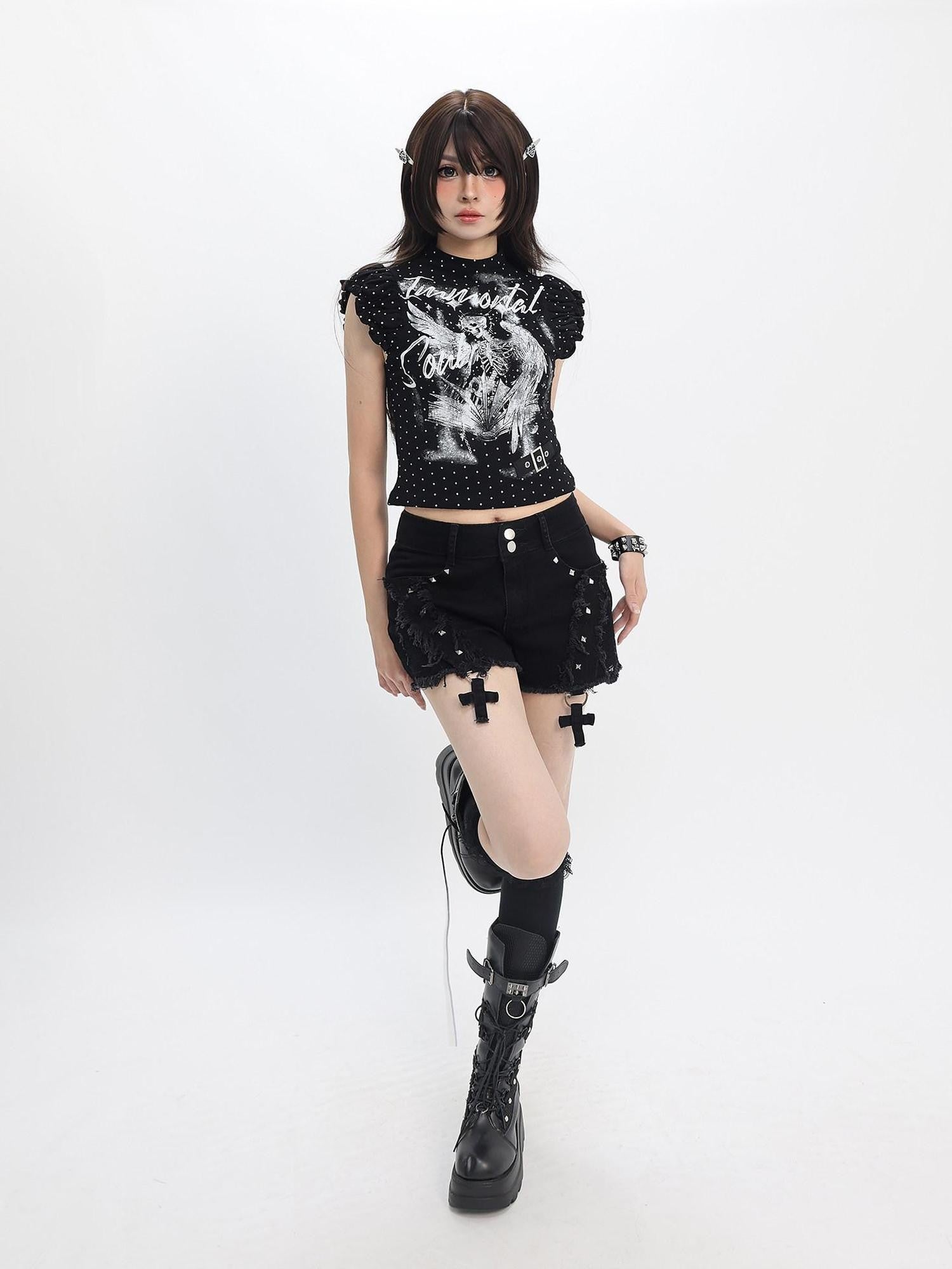 catwish Distressed Cross Stud Low Rise Slim Fit Women's Cotton Denim Shorts