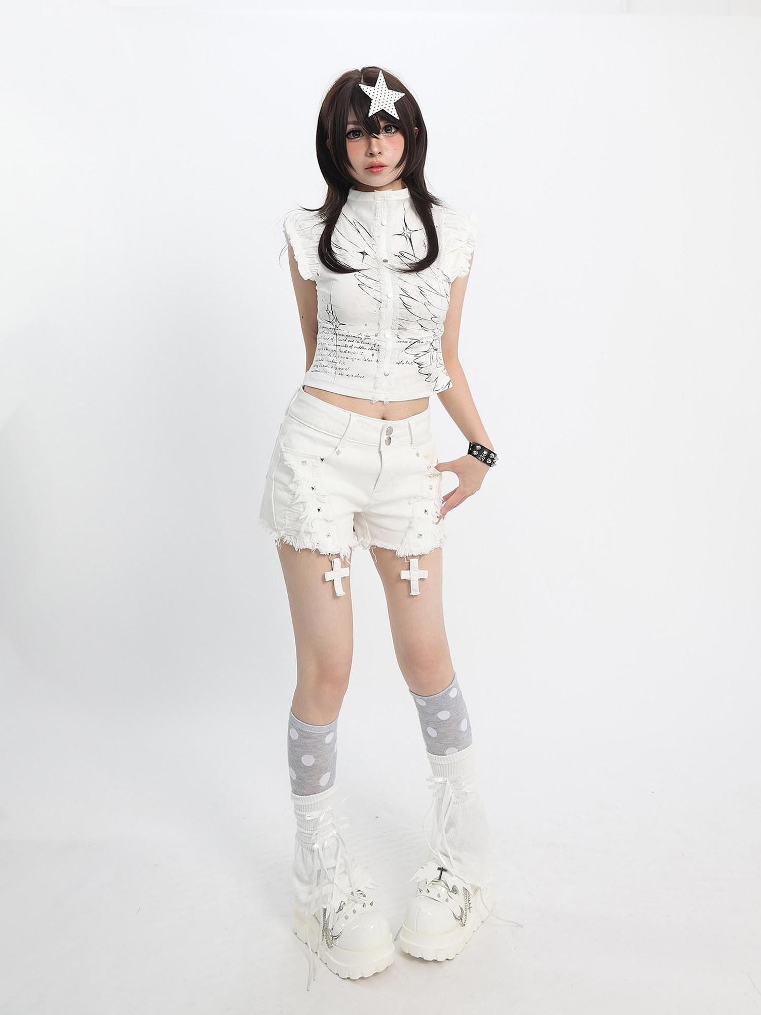 catwish Distressed Cross Stud Low Rise Slim Fit Women's Cotton Denim Shorts