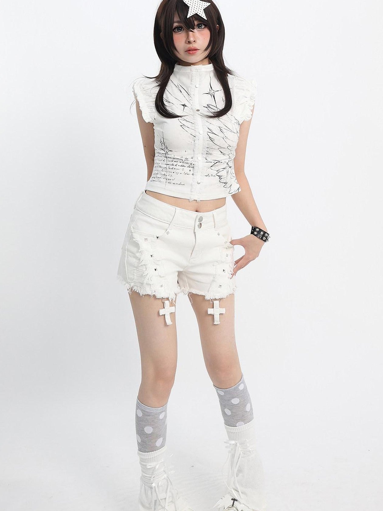 catwish Distressed Cross Stud Low Rise Slim Fit Women's Cotton Denim Shorts