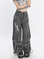 catwish Distressed Punk Ribbon Tie Ripped Women's Denim Wide-leg Jeans