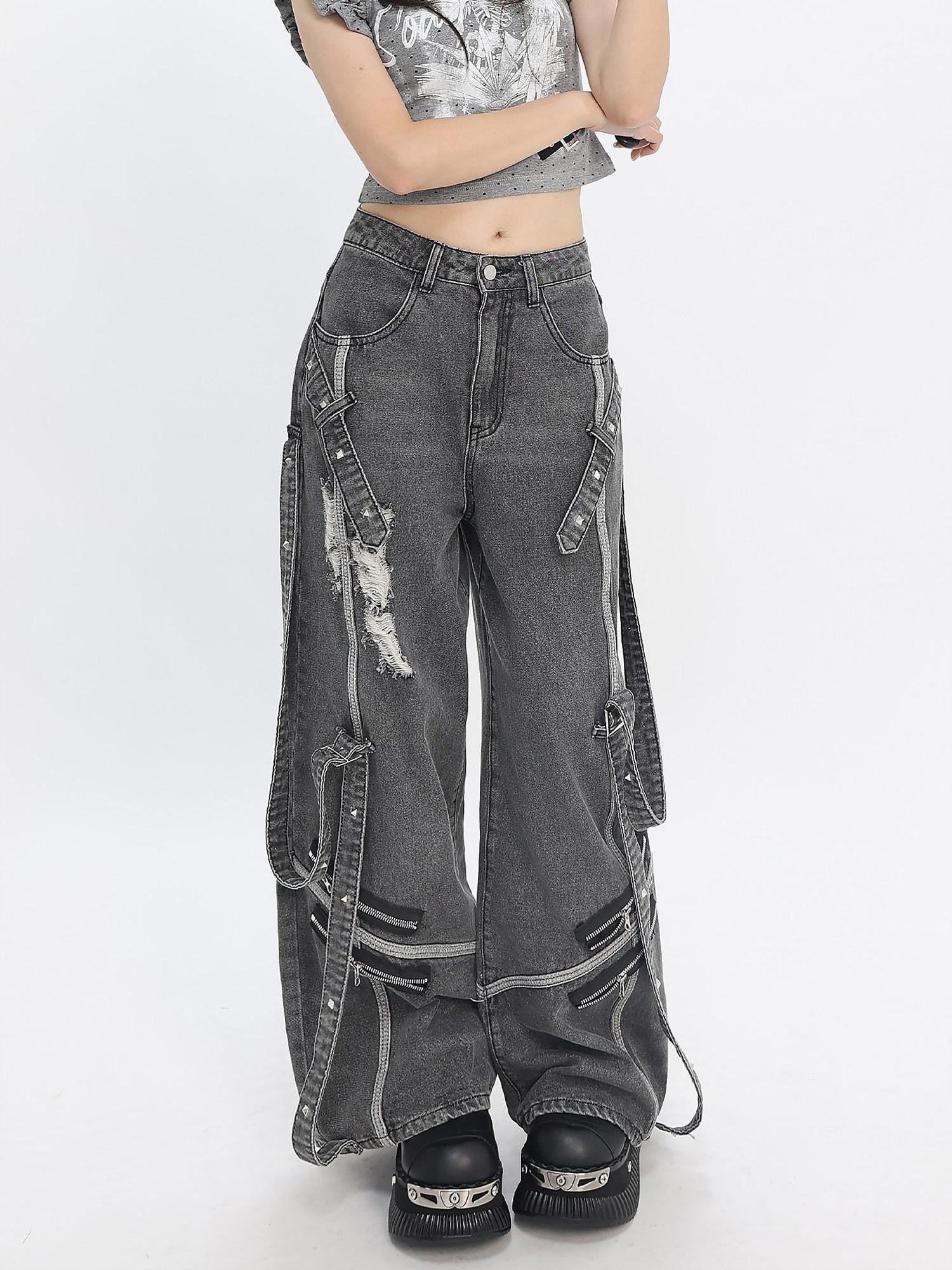 catwish Distressed Punk Ribbon Tie Ripped Women's Denim Wide-leg Jeans