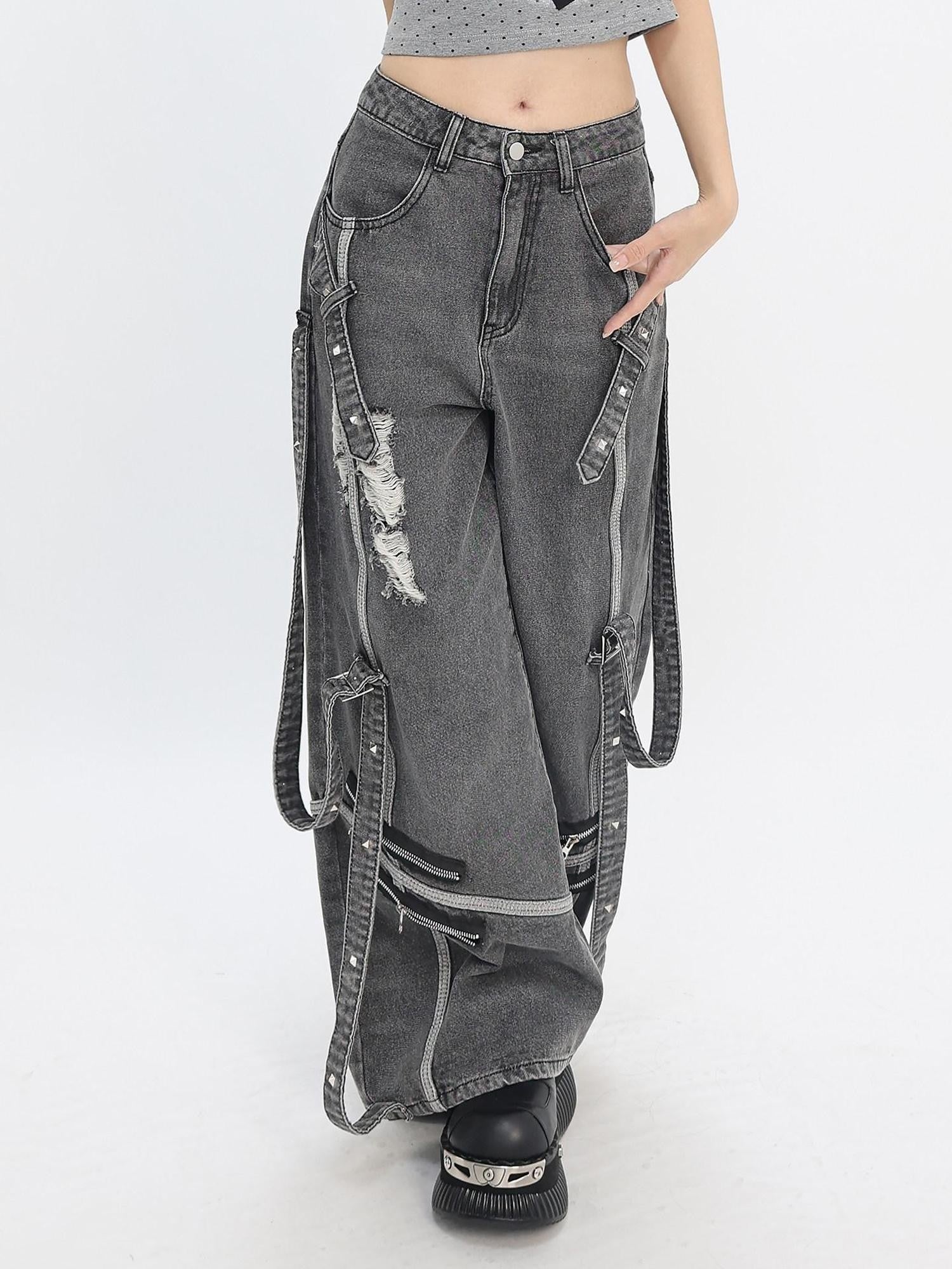 catwish Distressed Punk Ribbon Tie Ripped Women's Denim Wide-leg Jeans