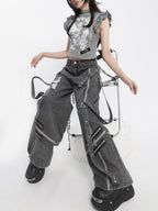 catwish Distressed Punk Ribbon Tie Ripped Women's Denim Wide-leg Jeans