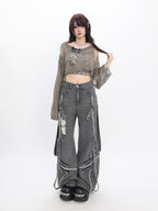 catwish Distressed Punk Ribbon Tie Ripped Women's Denim Wide-leg Jeans