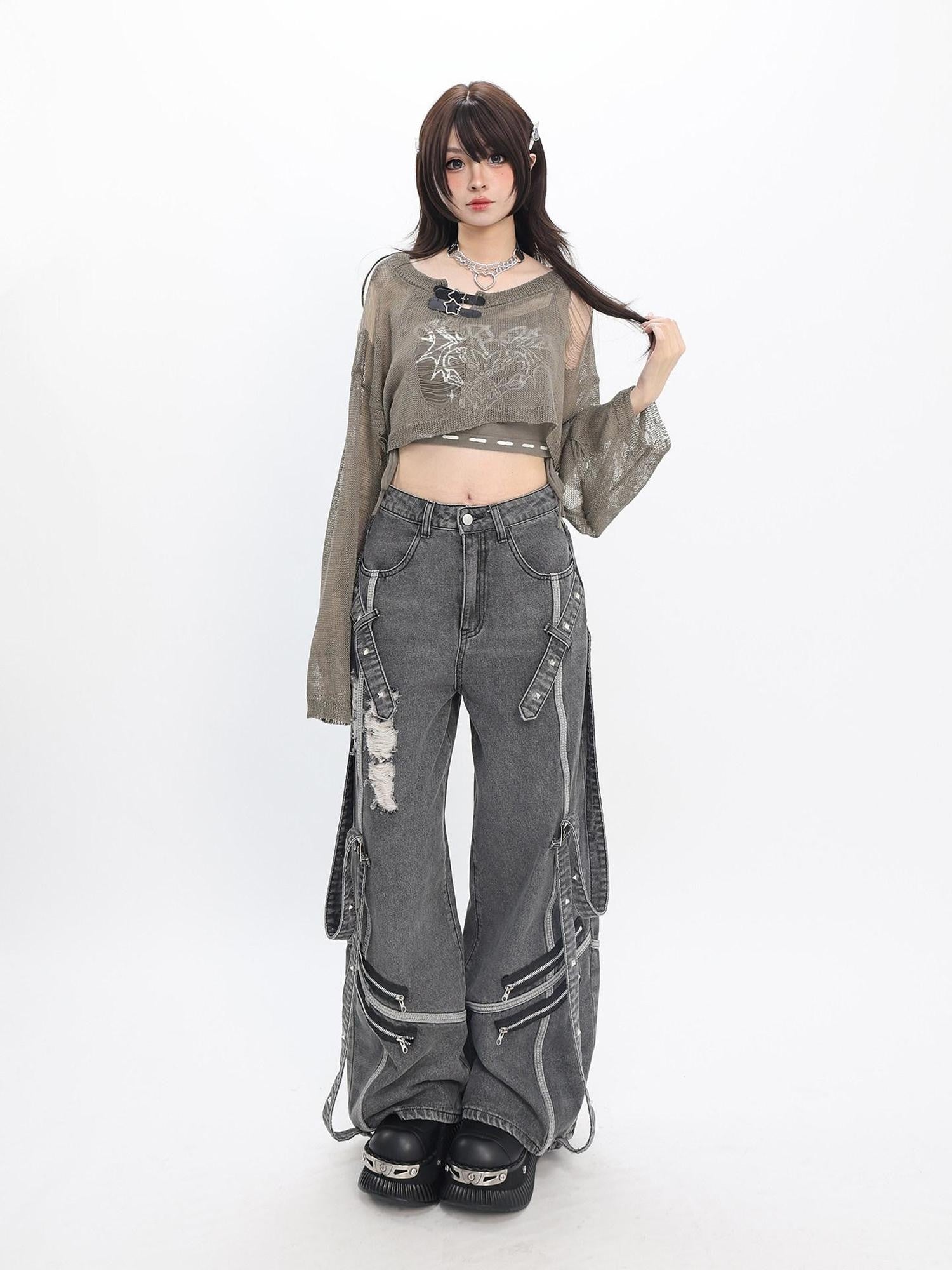 catwish Distressed Punk Ribbon Tie Ripped Women's Denim Wide-leg Jeans