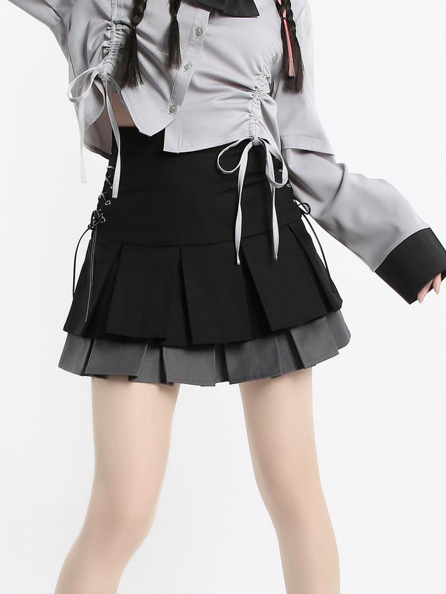 catwish Double Layer Colorblock Laced Pleated Women's Polyester Cotton Mini Skirts