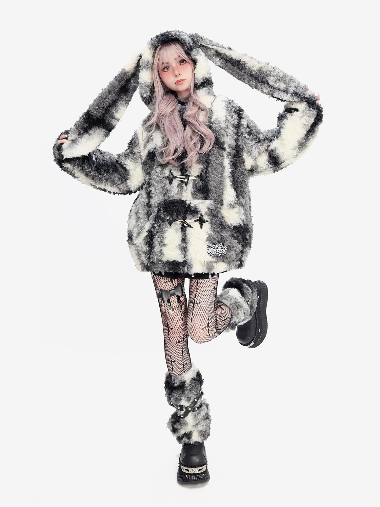 catwish Faux Rabbit Ear Hooded Padded Lantern Sleeve Women's Plush Fleece Short Coats