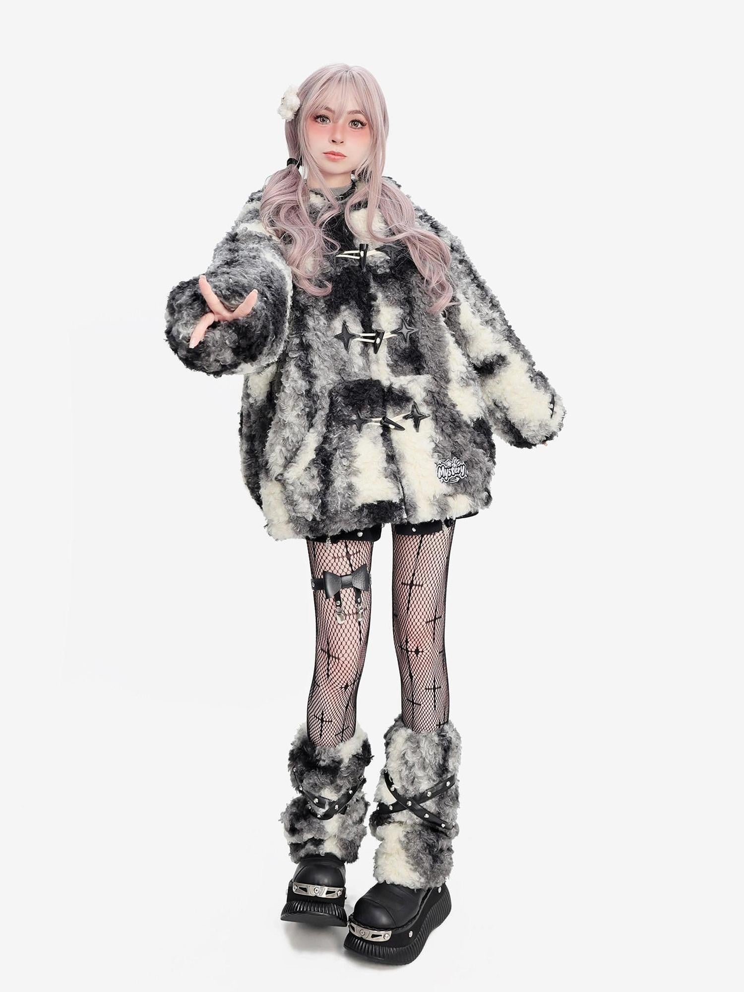 catwish Faux Rabbit Ear Hooded Padded Lantern Sleeve Women's Plush Fleece Short Coats