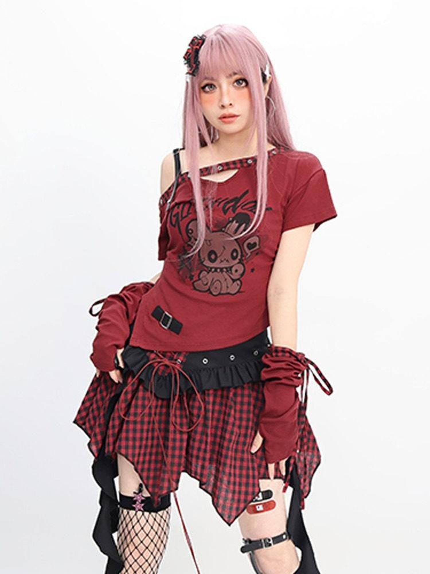 catwish Glitch Doll One Shoulder Detachable Sleeve Ribbon Slim Women's Mini Skirts