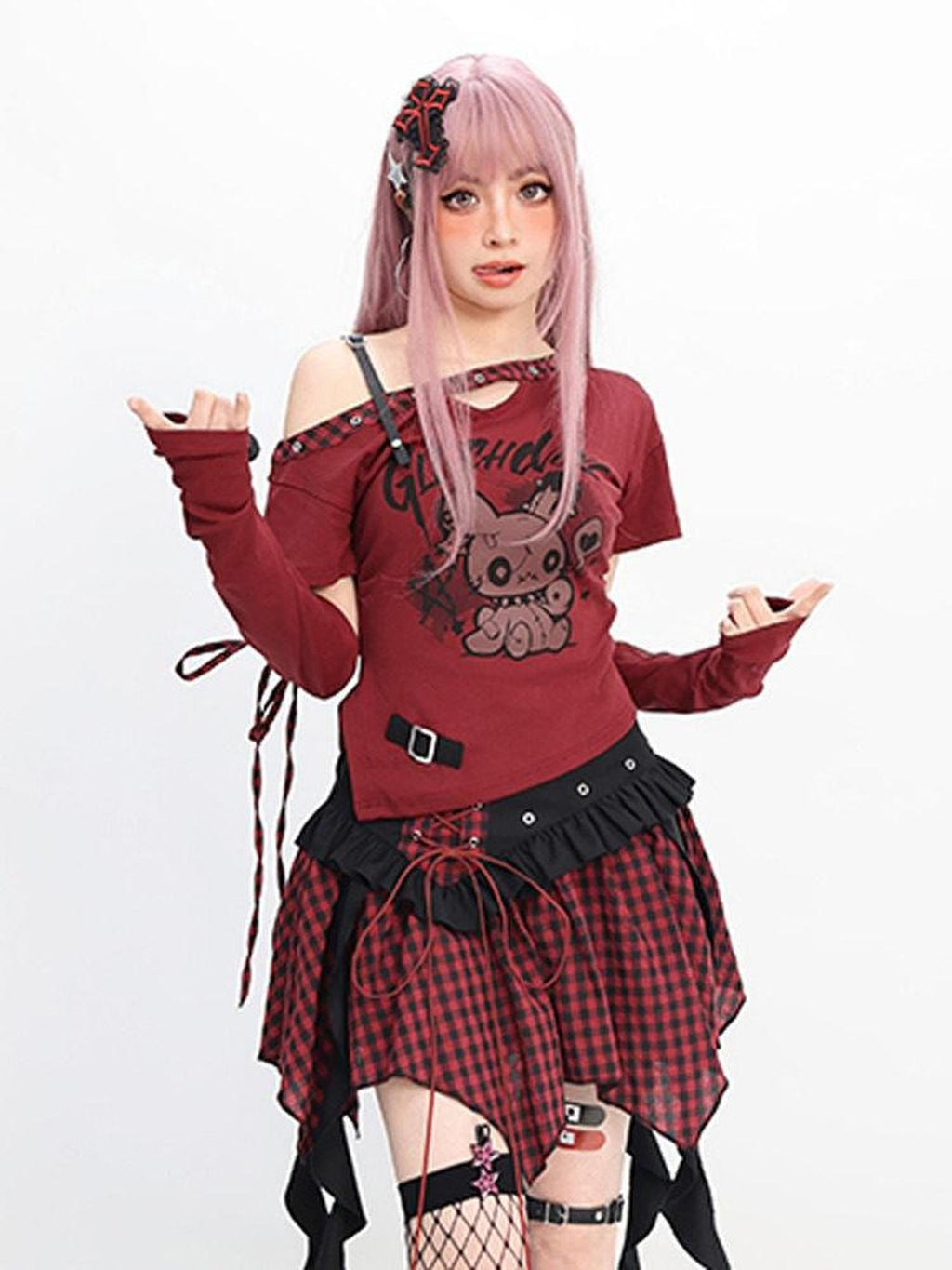 catwish Glitch Doll One Shoulder Detachable Sleeve Ribbon Slim Women's Mini Skirts