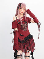 catwish Glitch Doll One Shoulder Detachable Sleeve Ribbon Slim Women's Mini Skirts