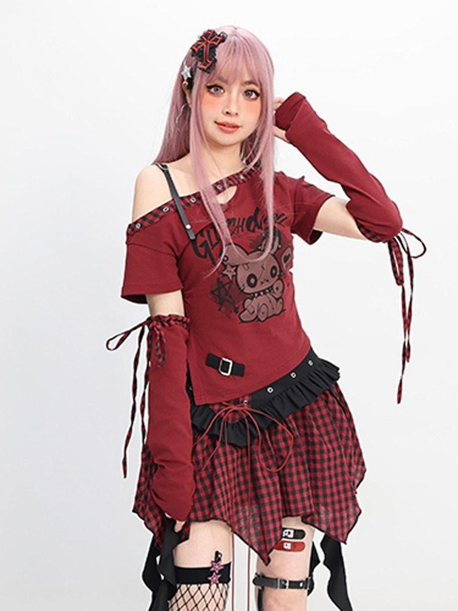 catwish Glitch Doll One Shoulder Detachable Sleeve Ribbon Slim Women's Mini Skirts