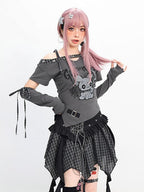 catwish Glitch Doll One Shoulder Detachable Sleeve Ribbon Slim Women's Mini Skirts