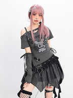 catwish Glitch Doll One Shoulder Detachable Sleeve Ribbon Slim Women's Mini Skirts