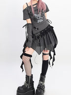 catwish Glitch Doll One Shoulder Detachable Sleeve Ribbon Slim Women's Mini Skirts