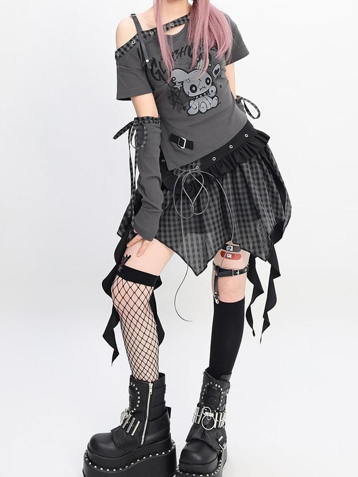 catwish Glitch Doll One Shoulder Detachable Sleeve Ribbon Slim Women's Mini Skirts