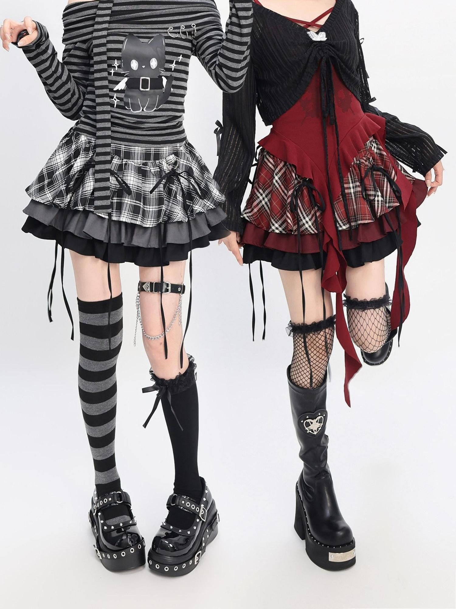 catwish Gothic Puff Patchwork High Waist Lace Up Women's Poly Cotton Mini Skirts