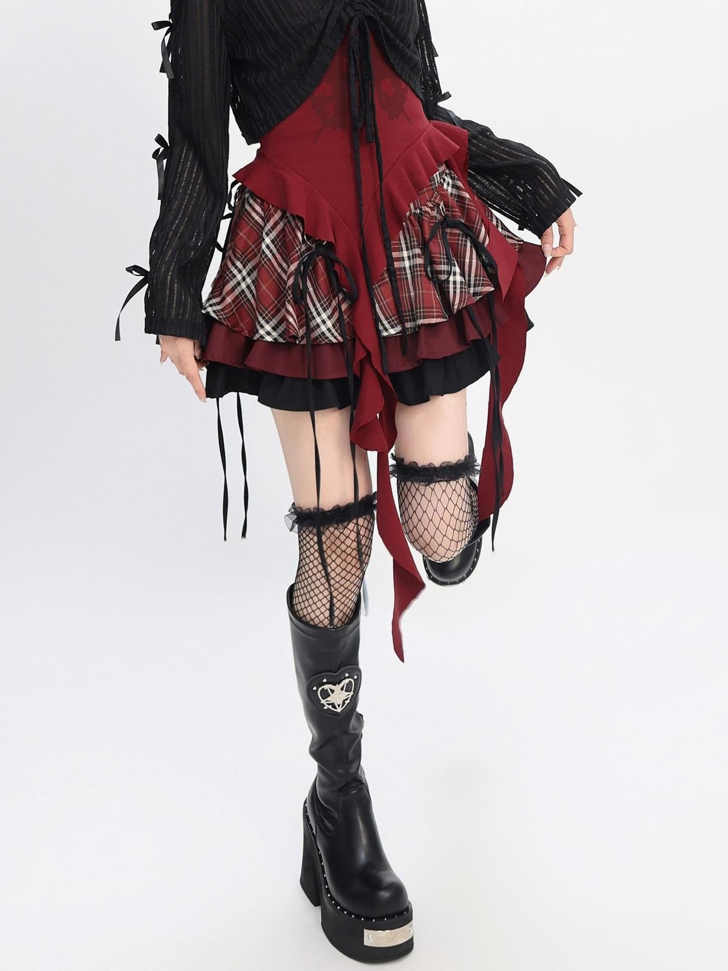 catwish Gothic Puff Patchwork High Waist Lace Up Women's Poly Cotton Mini Skirts