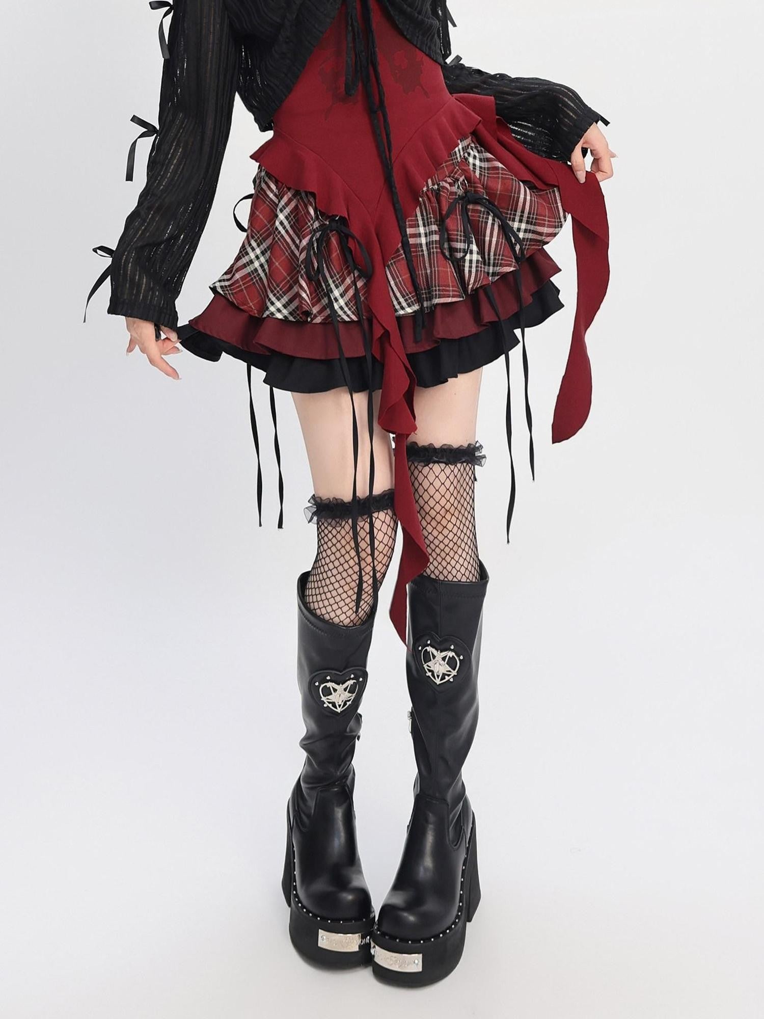 catwish Gothic Puff Patchwork High Waist Lace Up Women's Poly Cotton Mini Skirts