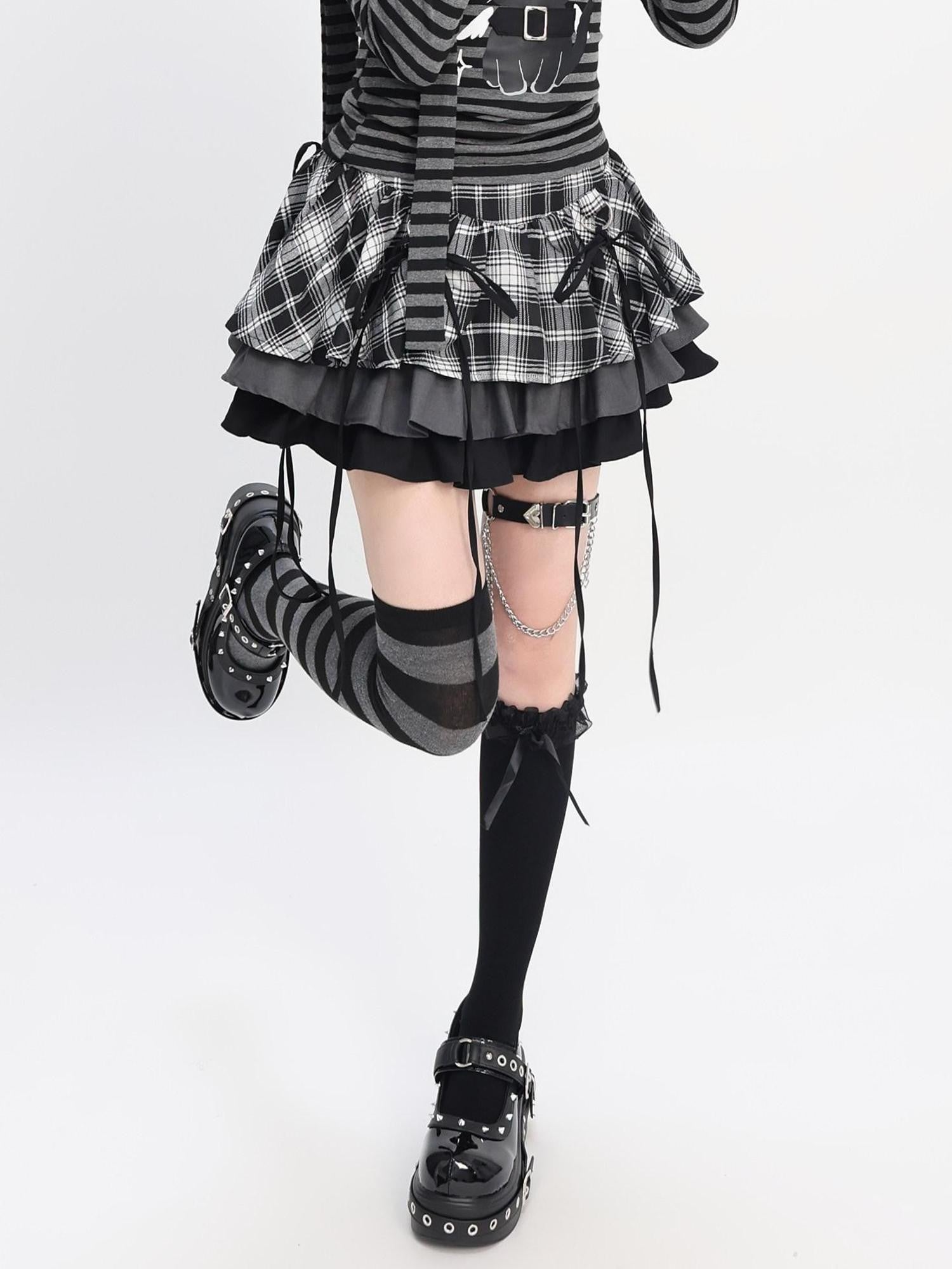 catwish Gothic Puff Patchwork High Waist Lace Up Women's Poly Cotton Mini Skirts