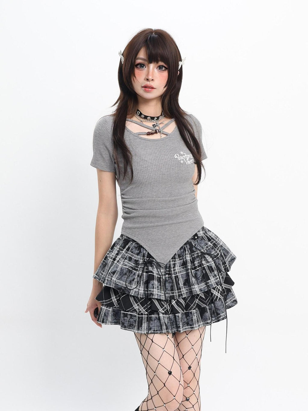catwish Gray Cutout Lace Tie Letter Print Slim Fit Women's Viscose Short Sleeve T-shirts