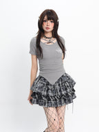 catwish Gray Cutout Lace Tie Letter Print Slim Fit Women's Viscose Short Sleeve T-shirts
