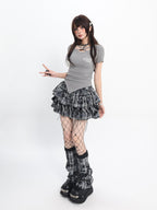 catwish Gray Cutout Lace Tie Letter Print Slim Fit Women's Viscose Short Sleeve T-shirts