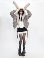 catwish Mist Gray Hooded Reversible Puff Sleeve Women's Faux Rabbit Fur Bomber Jackets