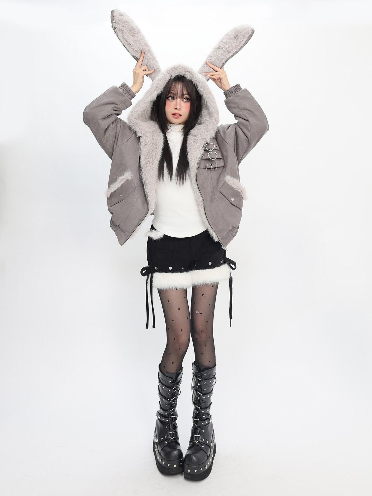 catwish Mist Gray Hooded Reversible Puff Sleeve Women's Faux Rabbit Fur Bomber Jackets