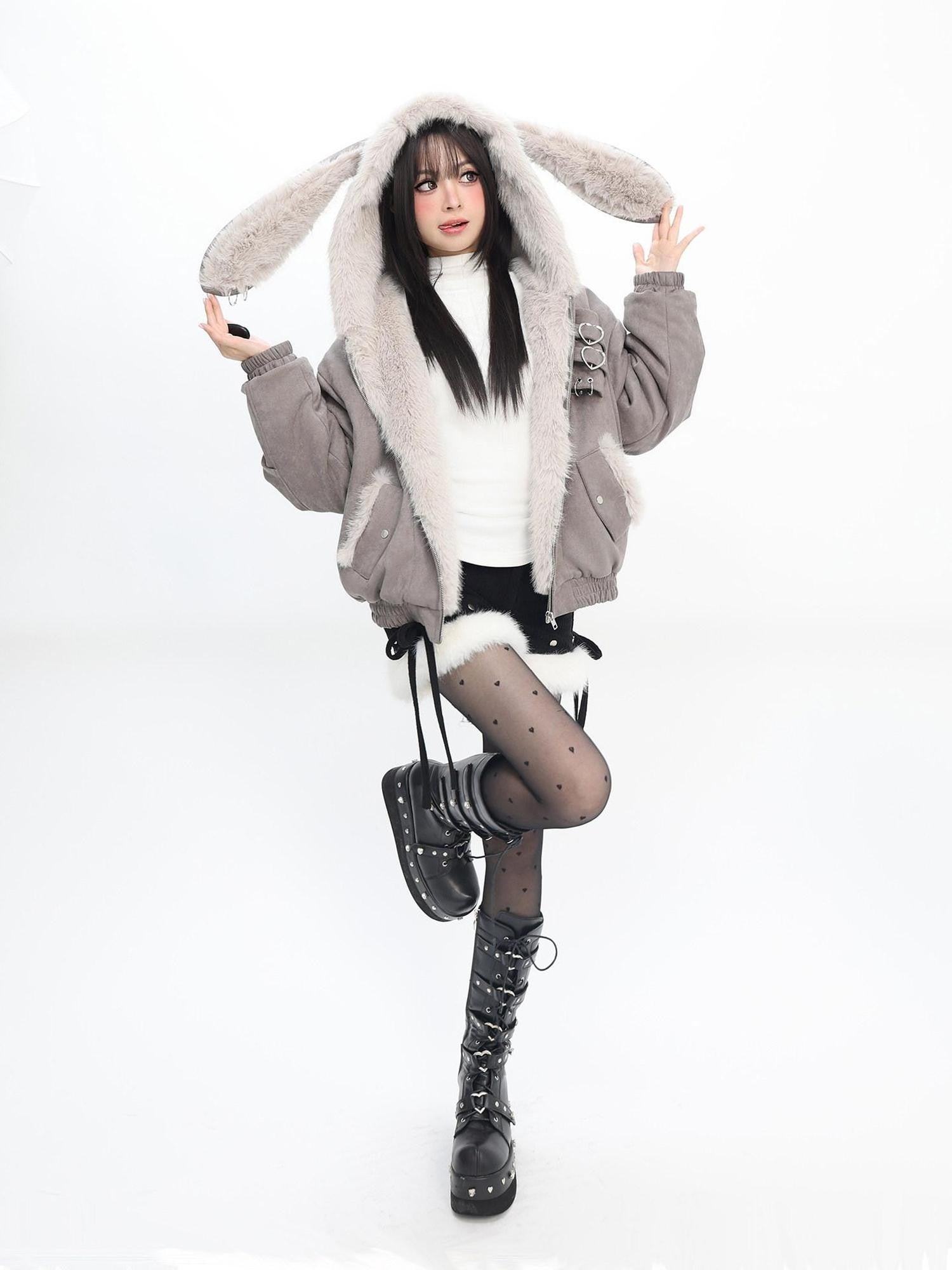 catwish Mist Gray Hooded Reversible Puff Sleeve Women's Faux Rabbit Fur Bomber Jackets