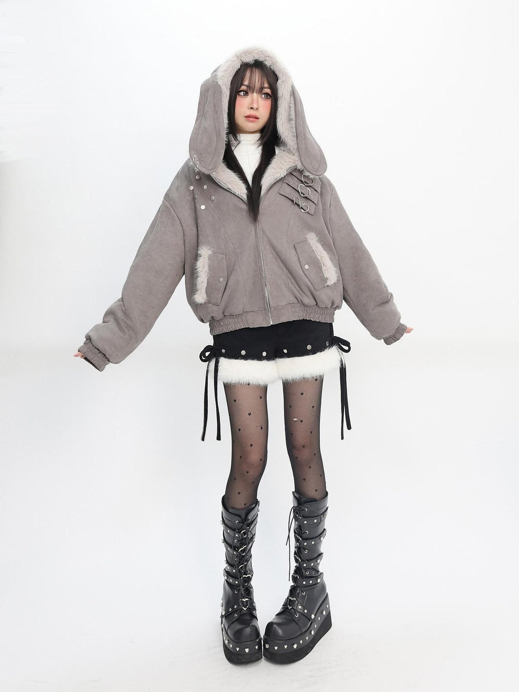 catwish Mist Gray Hooded Reversible Puff Sleeve Women's Faux Rabbit Fur Bomber Jackets