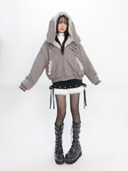 catwish Mist Gray Hooded Reversible Puff Sleeve Women's Faux Rabbit Fur Bomber Jackets