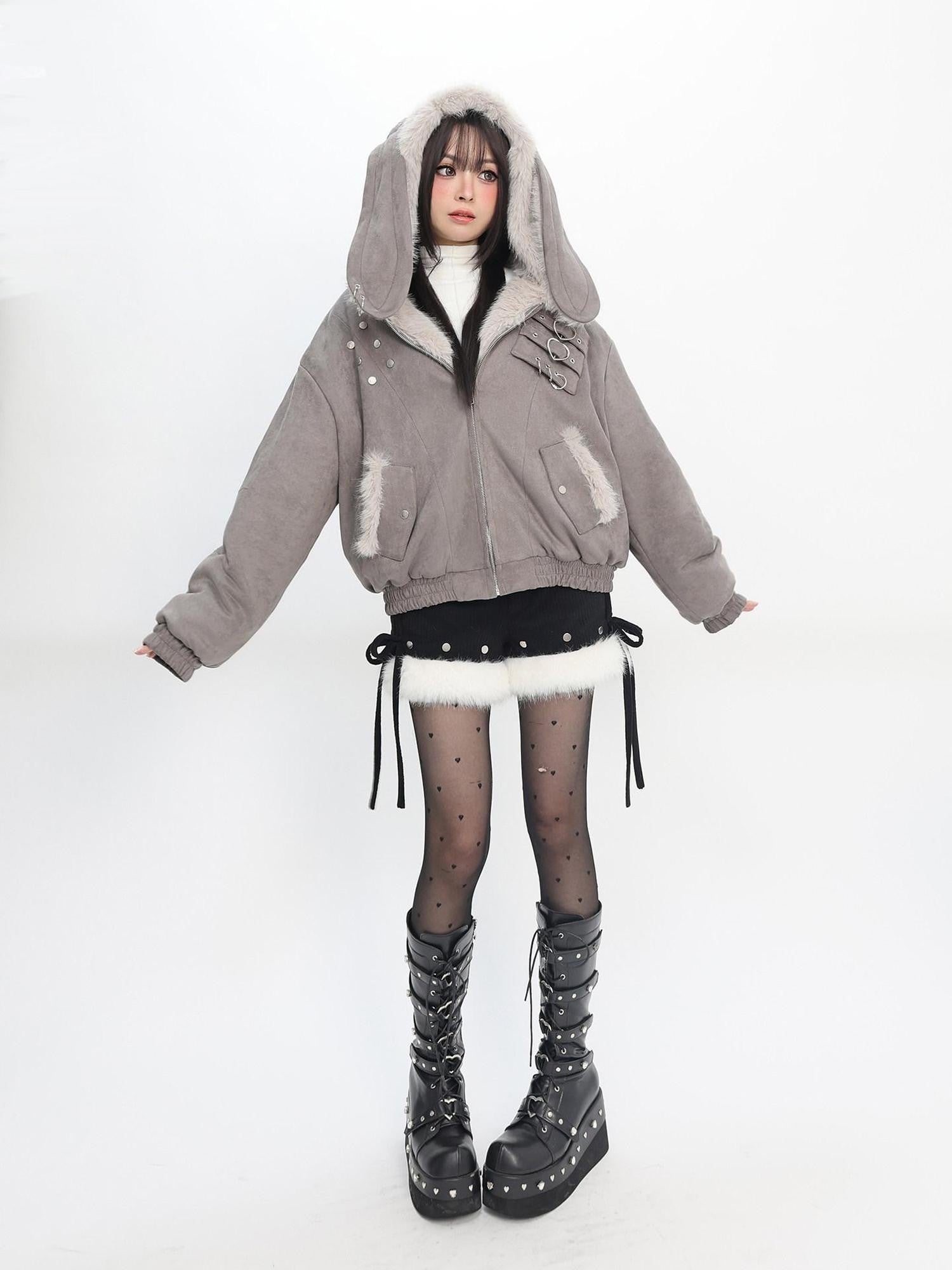 catwish Mist Gray Hooded Reversible Puff Sleeve Women's Faux Rabbit Fur Bomber Jackets