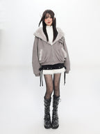 catwish Mist Gray Hooded Reversible Puff Sleeve Women's Faux Rabbit Fur Bomber Jackets