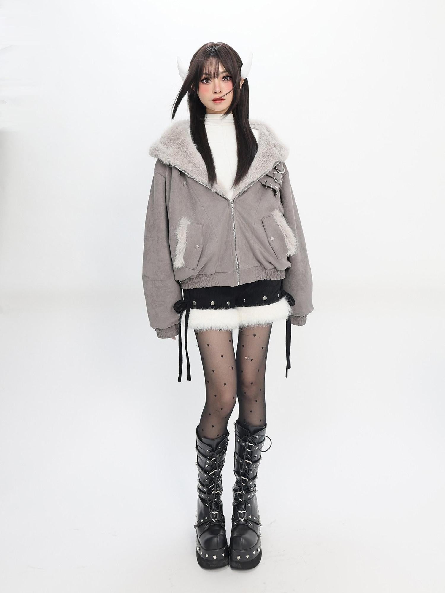 catwish Mist Gray Hooded Reversible Puff Sleeve Women's Faux Rabbit Fur Bomber Jackets
