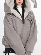 catwish Mist Gray Hooded Reversible Puff Sleeve Women's Faux Rabbit Fur Bomber Jackets