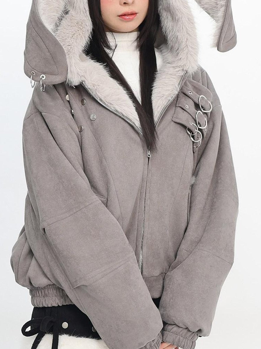 catwish Mist Gray Hooded Reversible Puff Sleeve Women's Faux Rabbit Fur Bomber Jackets