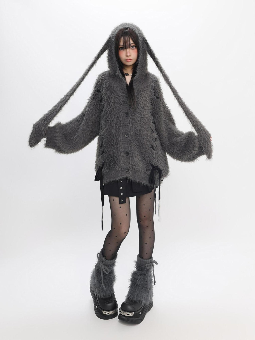 catwish Plush Faux Mink Hooded Bell Sleeve Bow Tie Buttoned Women's Acrylic Sweaters