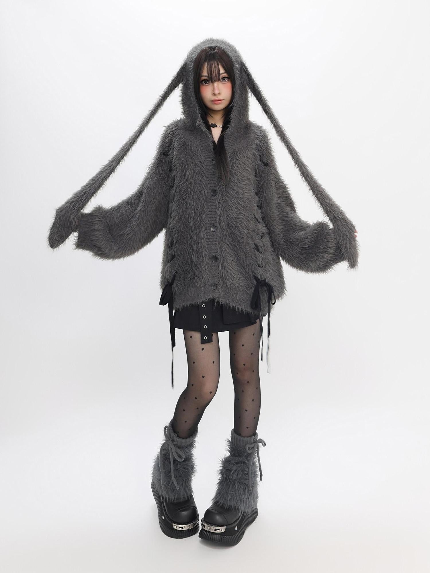 catwish Plush Faux Mink Hooded Bell Sleeve Bow Tie Buttoned Women's Acrylic Sweaters