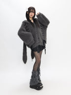 catwish Plush Faux Mink Hooded Bell Sleeve Bow Tie Buttoned Women's Acrylic Sweaters
