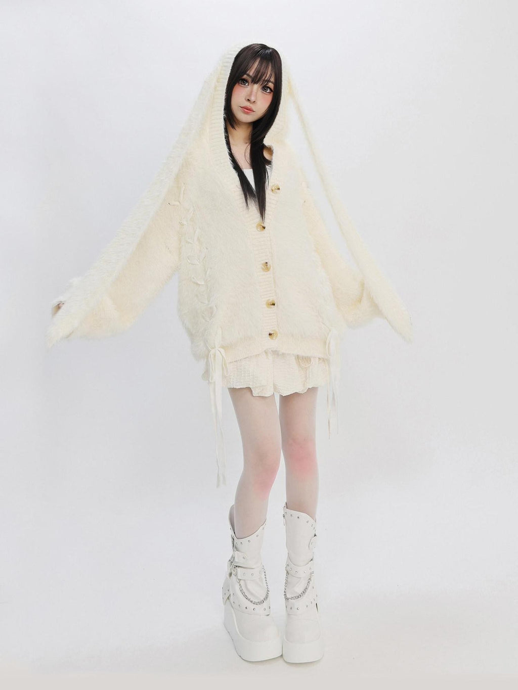 catwish Plush Faux Mink Hooded Bell Sleeve Bow Tie Buttoned Women's Acrylic Sweaters