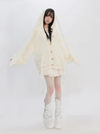 catwish Plush Faux Mink Hooded Bell Sleeve Bow Tie Buttoned Women's Acrylic Sweaters