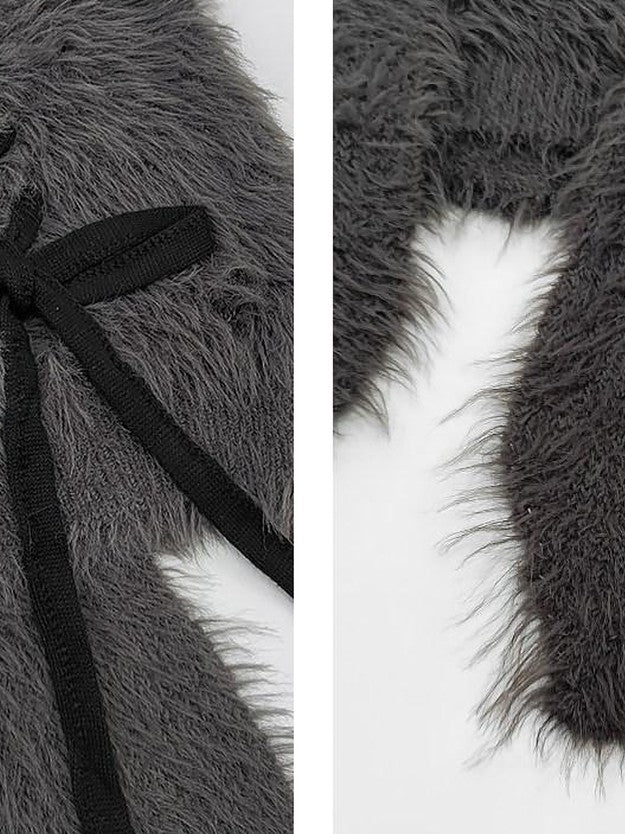 catwish Plush Faux Mink Hooded Bell Sleeve Bow Tie Buttoned Women's Acrylic Sweaters