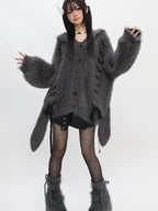 catwish Plush Faux Mink Hooded Bell Sleeve Bow Tie Buttoned Women's Acrylic Sweaters