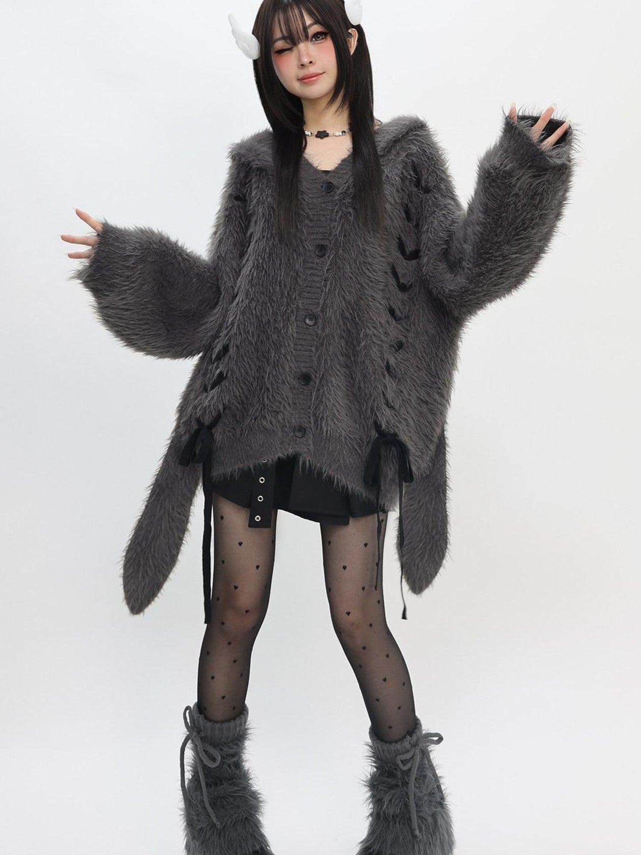 catwish Plush Faux Mink Hooded Bell Sleeve Bow Tie Buttoned Women's Acrylic Sweaters