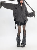 catwish Plush Faux Mink Hooded Bell Sleeve Bow Tie Buttoned Women's Acrylic Sweaters