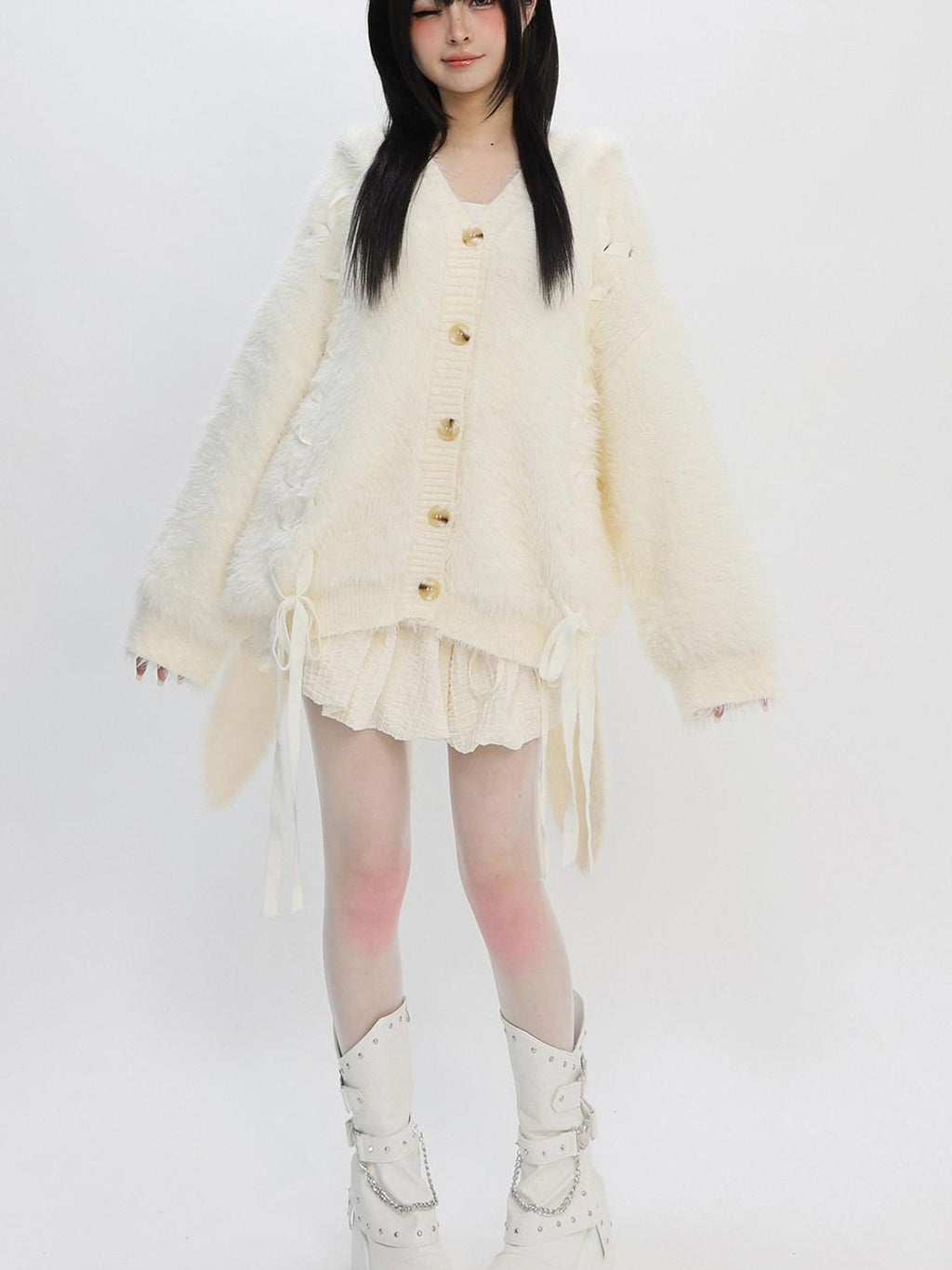 catwish Plush Faux Mink Hooded Bell Sleeve Bow Tie Buttoned Women's Acrylic Sweaters