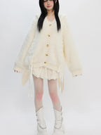 catwish Plush Faux Mink Hooded Bell Sleeve Bow Tie Buttoned Women's Acrylic Sweaters