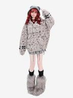catwish Plush Hooded Cat Motif Women's Polyester Fleece Puffer Jackets
